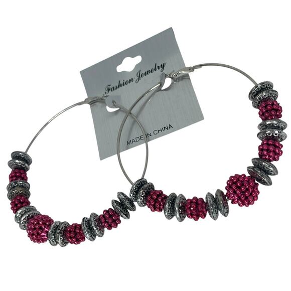 Silver Tone Bead Hoop Earrings Disc Style Boho Fashion Trendy Statement NWT - Picture 2 of 9